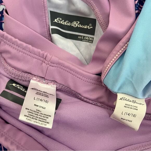 Eddie Bauer Girls Rashguard Swim Set purple print short sleeve shorts - Picture 3 of 3